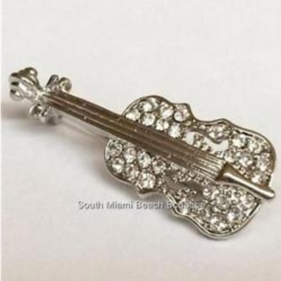 Silver Crystal Violin Pin Brooch Fiddle Music - Picture 1 of 8